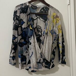 Zozo Women's Artistic Floral Wrap Blouse or Cardigan- Blue and Yellow Size L